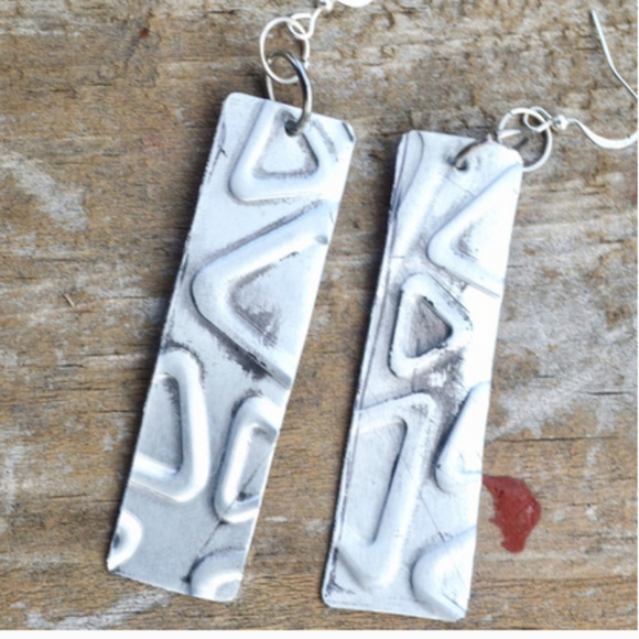 Rectangle Silver Triangle Rustic Long Earrings - Picture 3 of 3